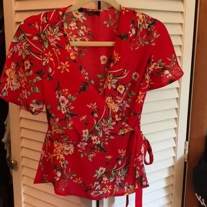 red wrap top